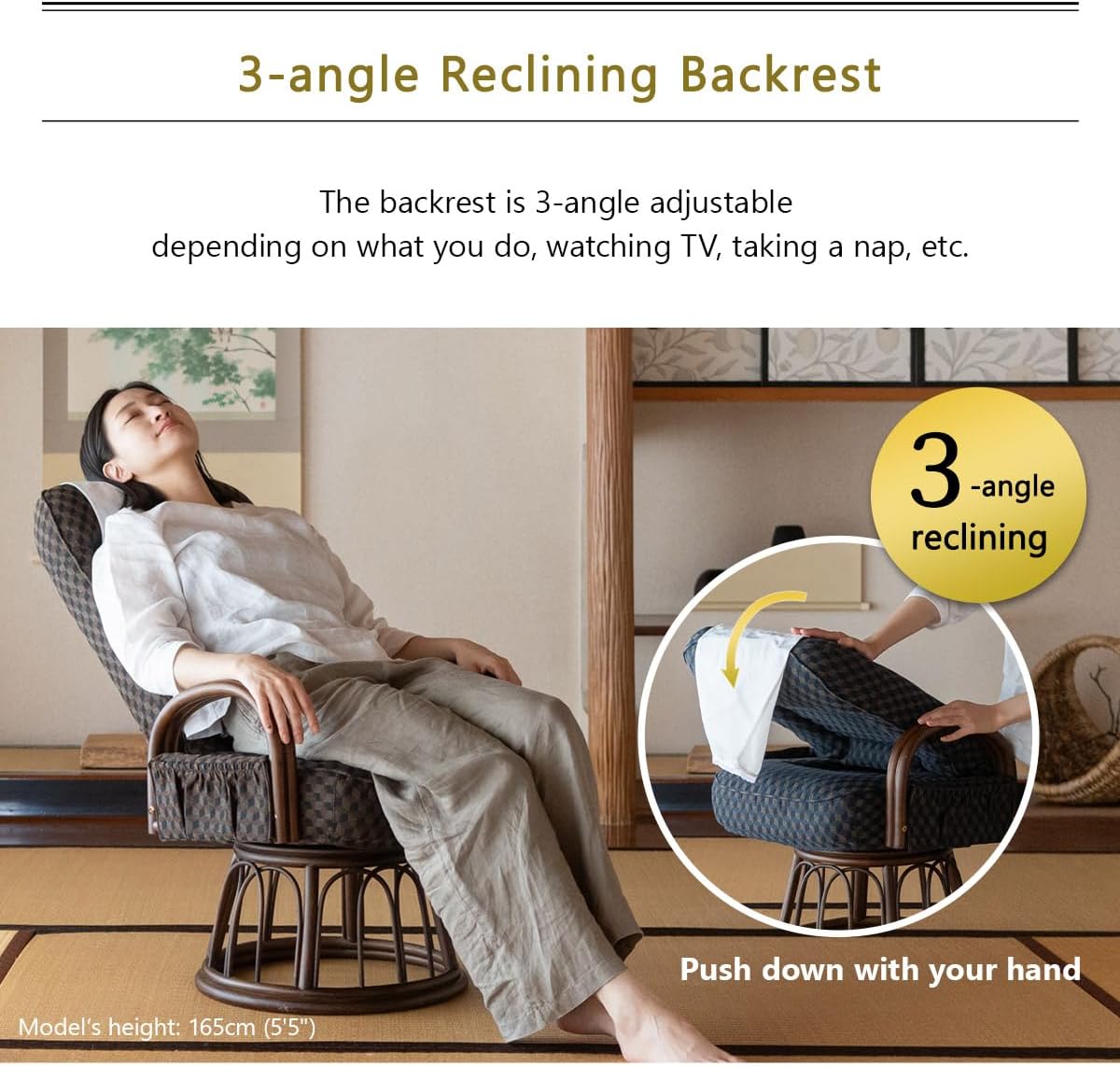 EMOOR Tatami Chair Japanese-Style Swivel Chair RYOKAN (Navy), Natural Rattan Armrest Recliner Living Room Upholstered Single Futon Sofa