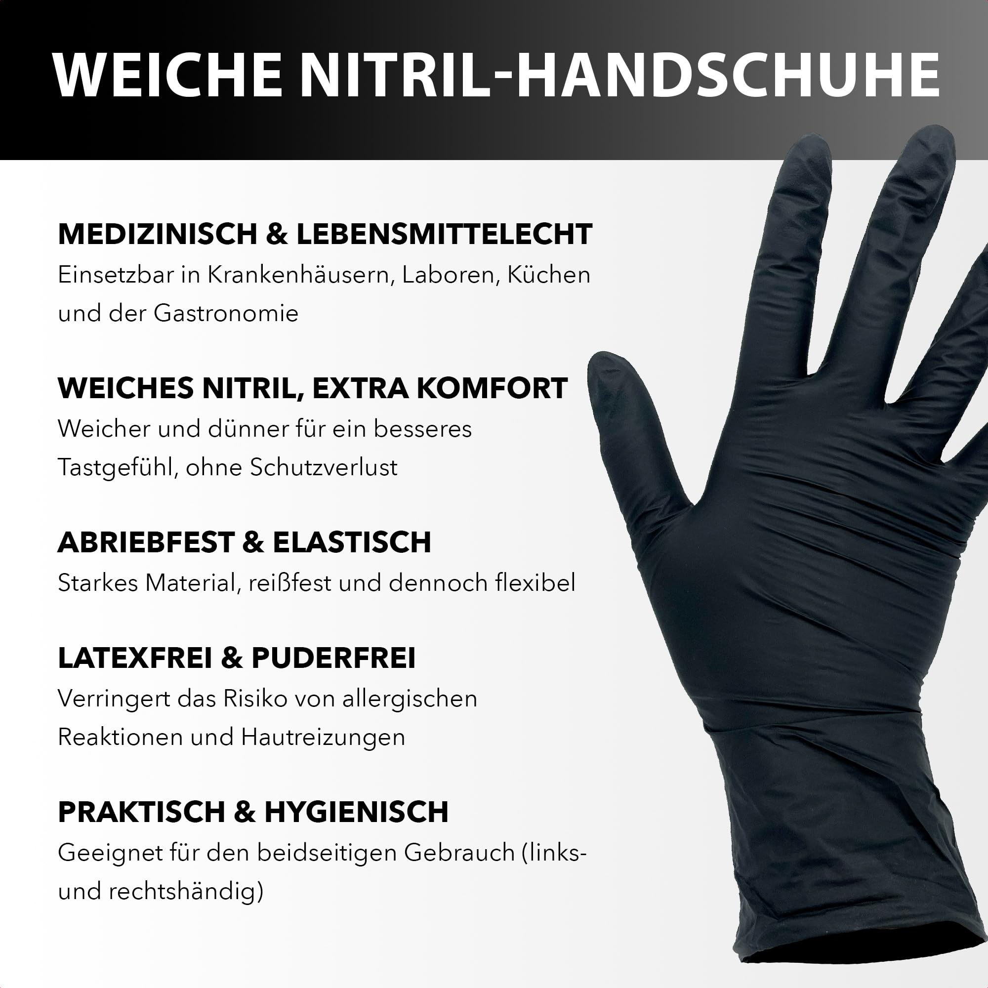 Bové 1000 Nitril Einweghandschuhe - Schwarz - Größe M - Latexfrei & Puderfrei - Für Medizin & Lebensmittel - Reißfest & Elastisch