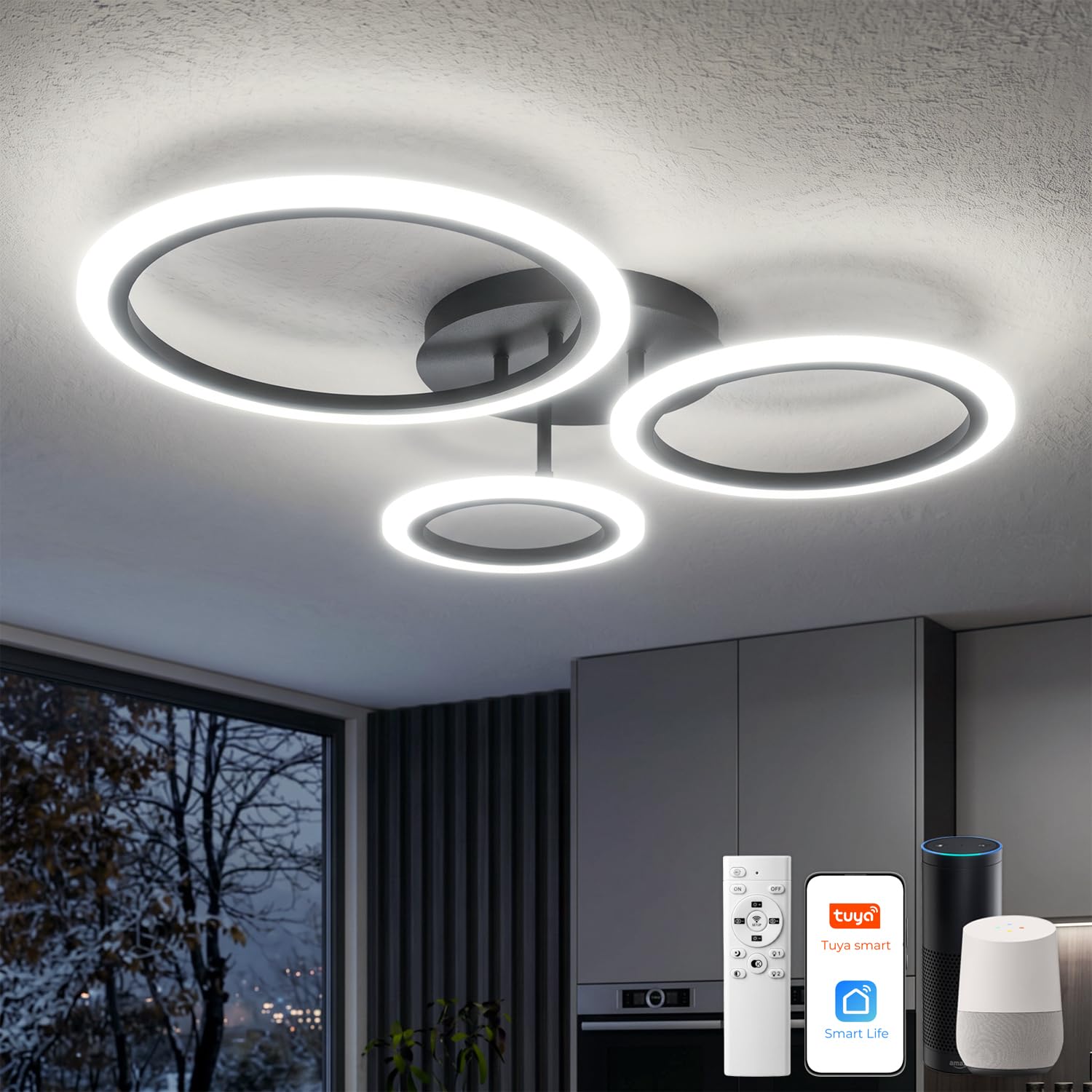 Plafoniera LED Smart a 3 Anelli, Lampadario Moderno Dimmerabile con App/Alexa/Telecomando, Luce da Soffitto 19W 1900LM (3000K-6500K) – Installazione Facile per Camera e Soggiorno, Nero