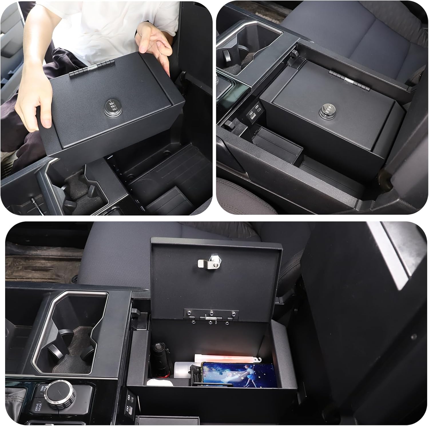 Car Center Console Safe Box Compatible with Toyot@ Tundra 2022-2025，Center Console Armrest Safe Lock Box Armrest Gun Security Organizer Tray with 3-Position Combination Lock and Key (black)