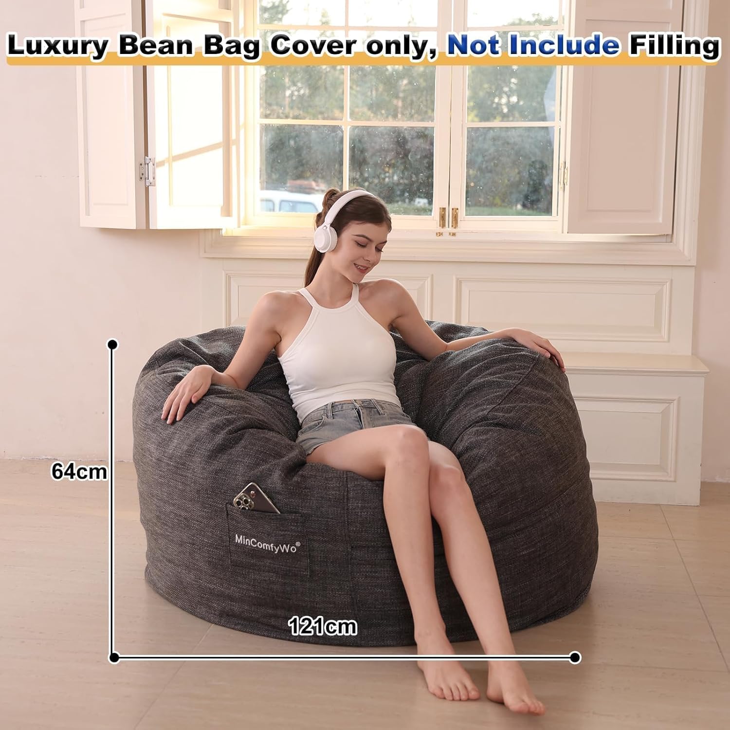 4FT Bean Bag Chair for Adults, Oversized Bean Bag Sofa, Soft Supportive Bean Bags with Durable Removable Cover for Living Room, Bedroom, Gaming Room, Kids & Teens-Cover-Olefin-Dark Grey