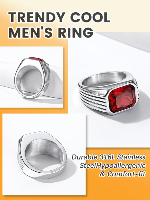Bestyle Red Garnet Ring for Men Stainless Steel Red Gemstone Ring Fashion Trendy Statement Ring Mens Signet Ring Pinky Ring Gift for Father Husband Size 12 by Bestyle - Used condition - Image 5