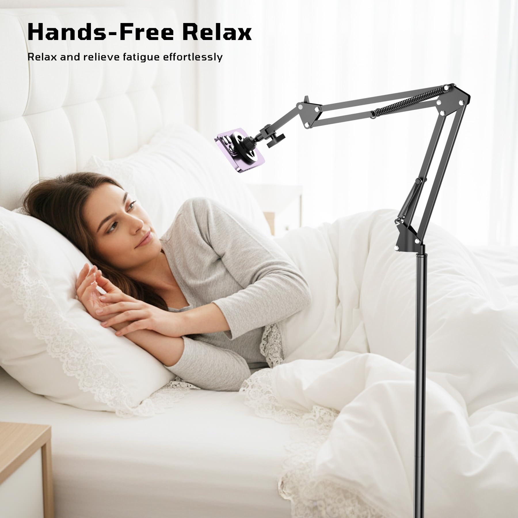Kefotic Floor Magnetic Phone Holder for Bed Laying Down, Adjustable Bedside Phone Stand for iPhone Magsafe, Headboard Cell Phone Mount for Reading: Black
