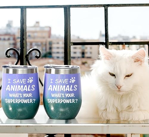 Miniatura 3 de Paquete de 4 vasos de vino con tapa, diseño de texto en inglés "I Save Animals, Whats Your Superpower", de acero inoxidable, ideas de cumpleaños y