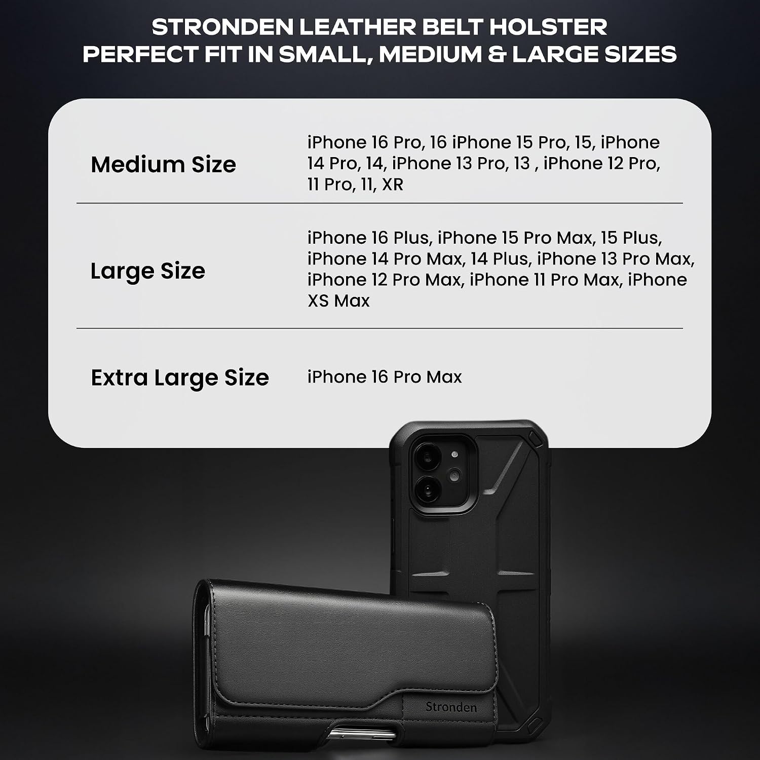 Stronden Magnetic Closure Holster for iPhone 17 Pro, 17e, 17, 16 Pro, 16e, 16, 15 Pro, 15, 14 Pro, 14, 13 Pro, 13, 12 Pro, 12, 11, XR - Leather Belt Case Pouch (Fits Slim/Regular Case on)