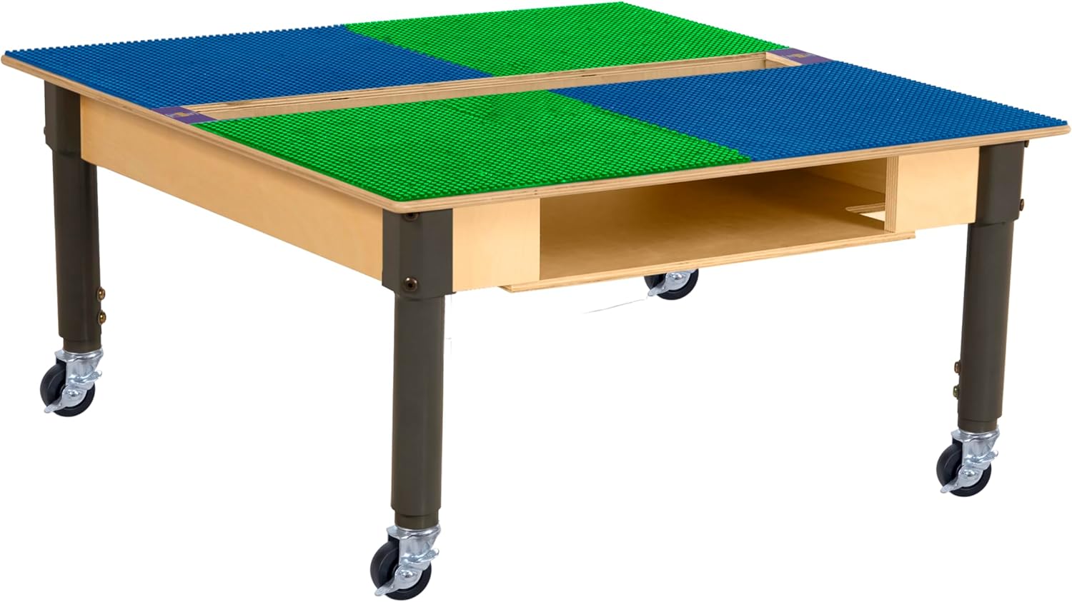 Time-2-Play 35" Square Blue & Green Montessori Birch Plywood School Activity Lego Compatible Table with Wheels, Trough & Shelf for Kids with 12”-17” Adjustable Legs [Rolling Casters Included]