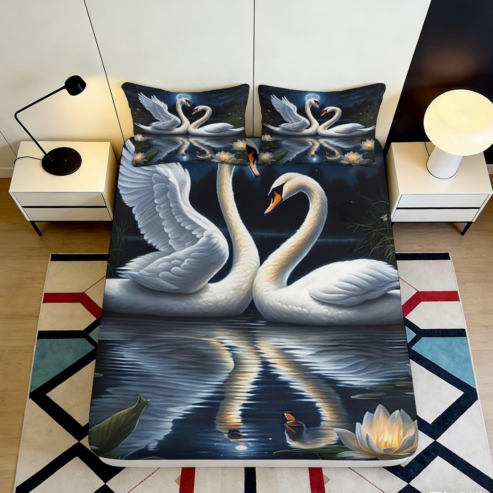 3D Printed Swan Lake Fitted Sheet Microfiber Soft Breathable Romantic Swans Bed Cover for Bedroom Guest Room Decor 90x200x25cm