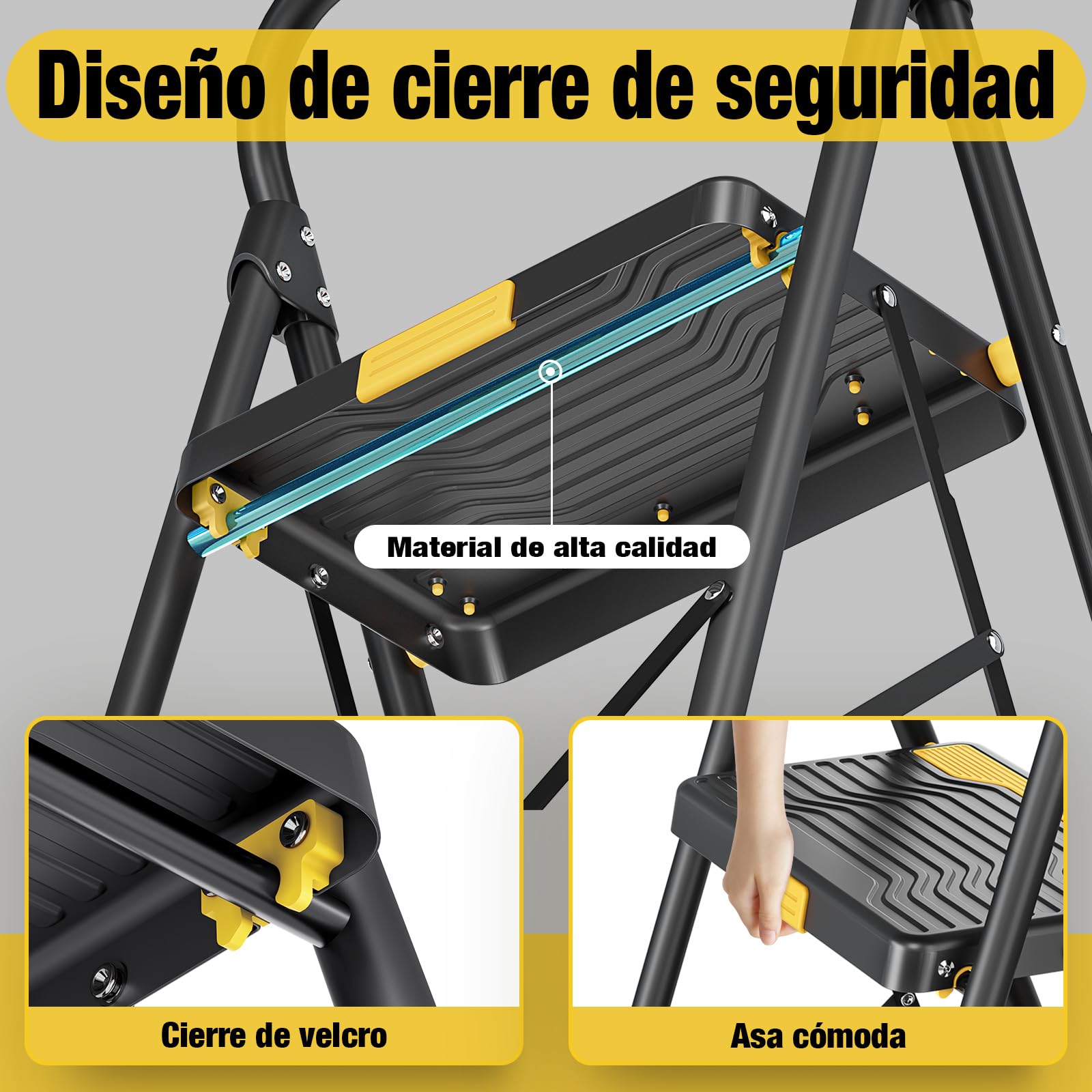 Urackify Escalera 2 Peldaños Plegable, Carga hasta 150kg, Peldaños Anchos Antideslizantes, Pasamanos de Seguridad, Compacto y Plegable, Escaleras de Tijera para Hogar, Cocina, Oficina, Despensa, Negro