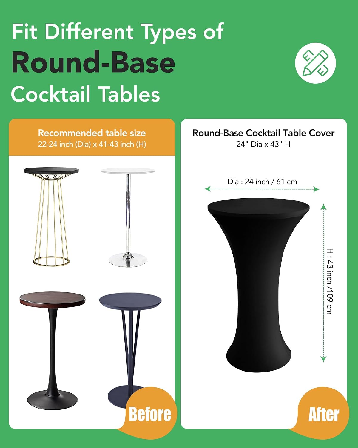 Condition photo showing New/Like New for keywave cocktail high top table covers - 24x43 inch fitted spandex round cocktail tablecloth for bar height standing table cloths reusable, for party bistro wedding event decorations, black, 8 pack 24 x 43 in - 8 pack black
