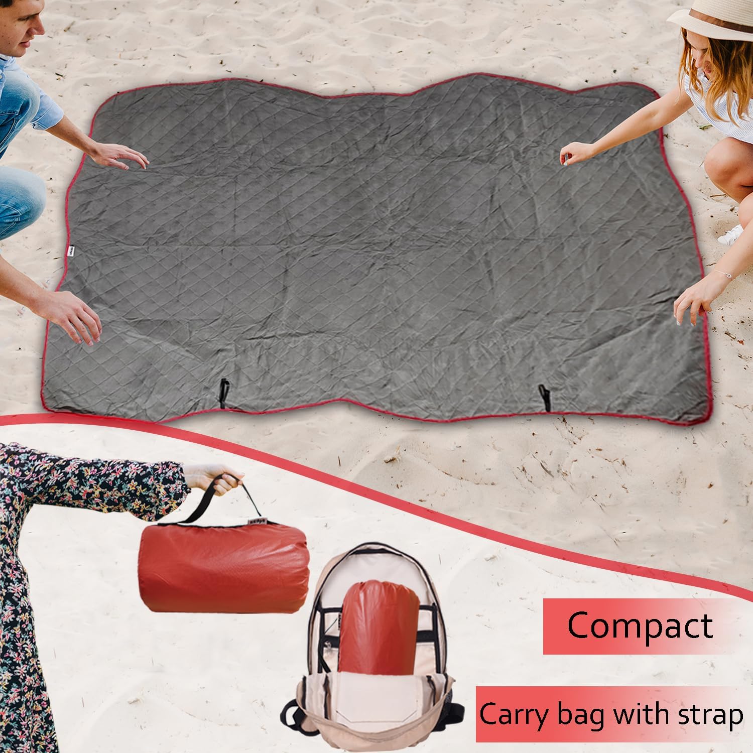 Large Outdoor Blanket Waterproof Quilted-Thick Warm Fleece Blanket for Stadium Camping Picnics Beaches Pets Sports - Sandproof Windproof Washable Portable - Red
