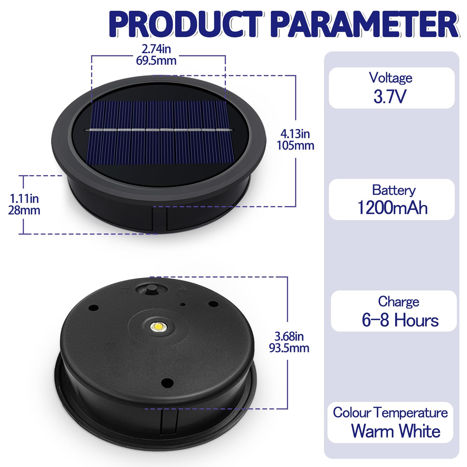 Luz solar de repuesto superior 10,5 cm para linternas al aire libre, 3,7 V 1200 mAh, luz blanca cálida, impermeable IP44, panel solar grande para lámpara de jardín