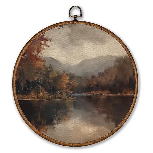 Voxitura Vintage Fall Landscape Wall Art Round Framed, Farmhouse Lake