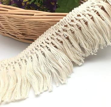 FQTANJU 5 Yards X 6cm Wide Cotton Tassel Fringe in Beige. 6cm