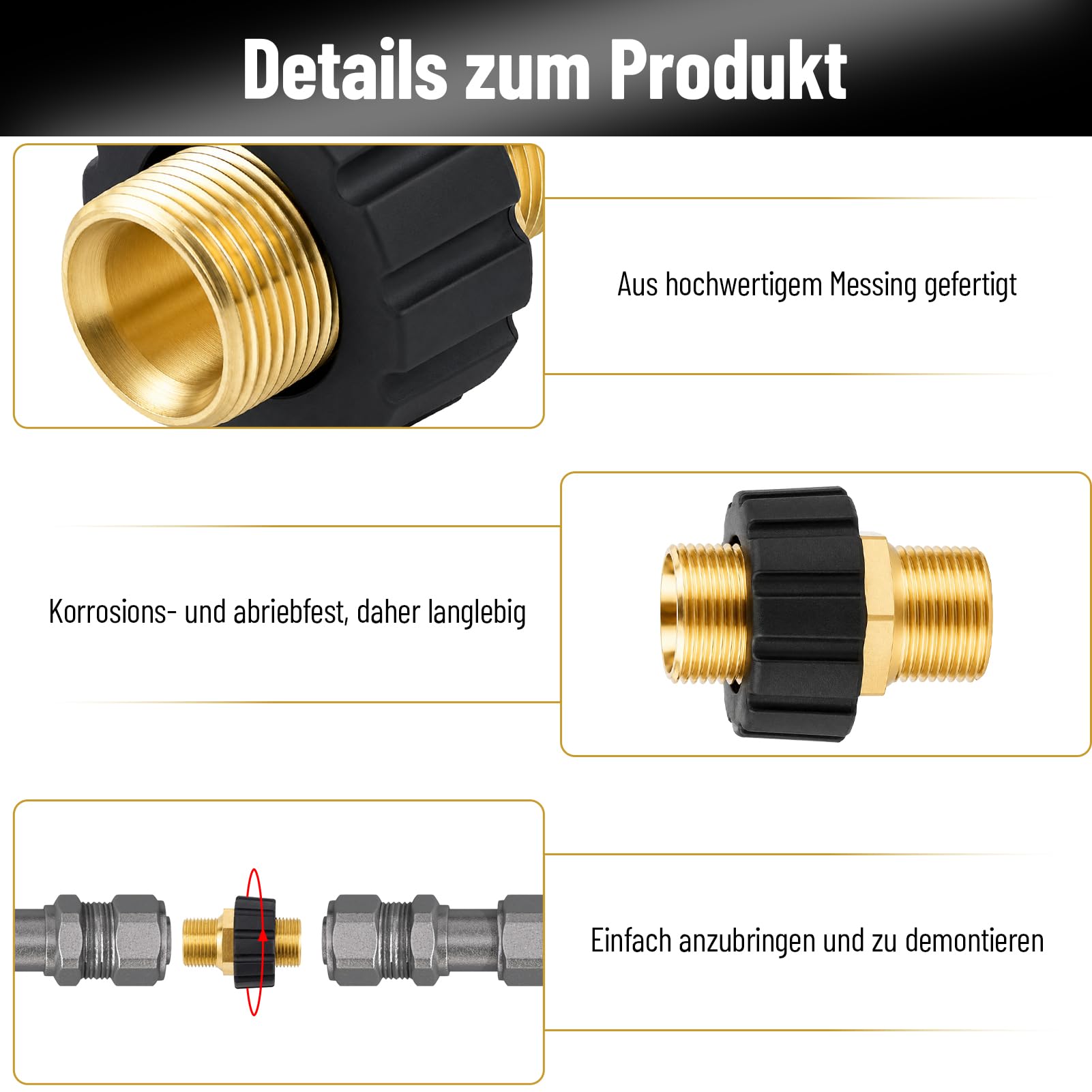 Adattatore rapido M22 x 1,5 filettatura metrica per idropulitrice ad alta pressione, adatto per Kärcher K, serie HD e HDs, accoppiamento in ottone con diametro interno di 15 mm