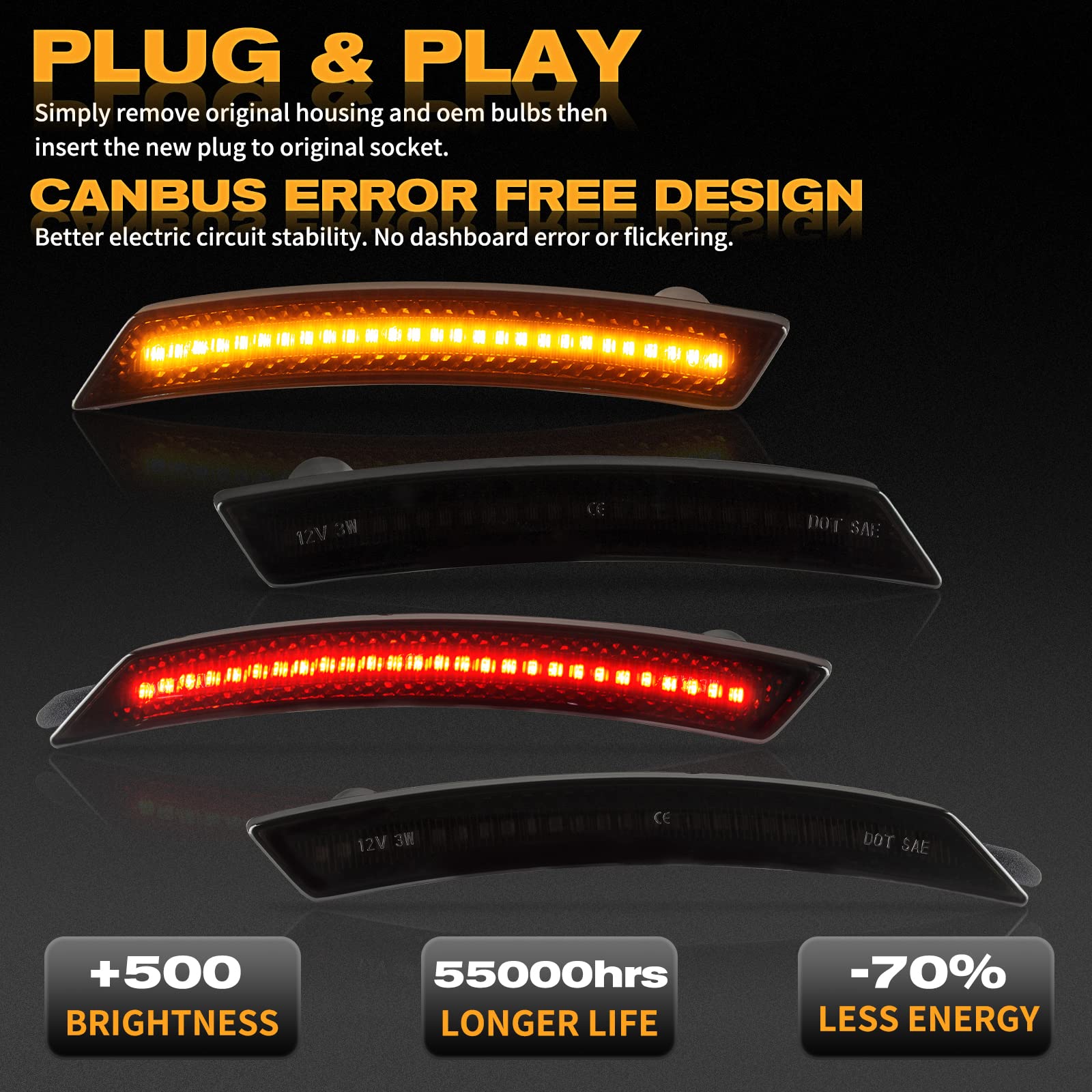 POPMOTORZ Fender LED Side Marker Lights Kit, 4 Pcs Amber Front & Red Rear Fender Bumper Side Marker Lamps, Compatible with BMW MINI Cooper R55 R56 R57 R58 R59 R60 R61 OEM Replacement-Smoke Lens