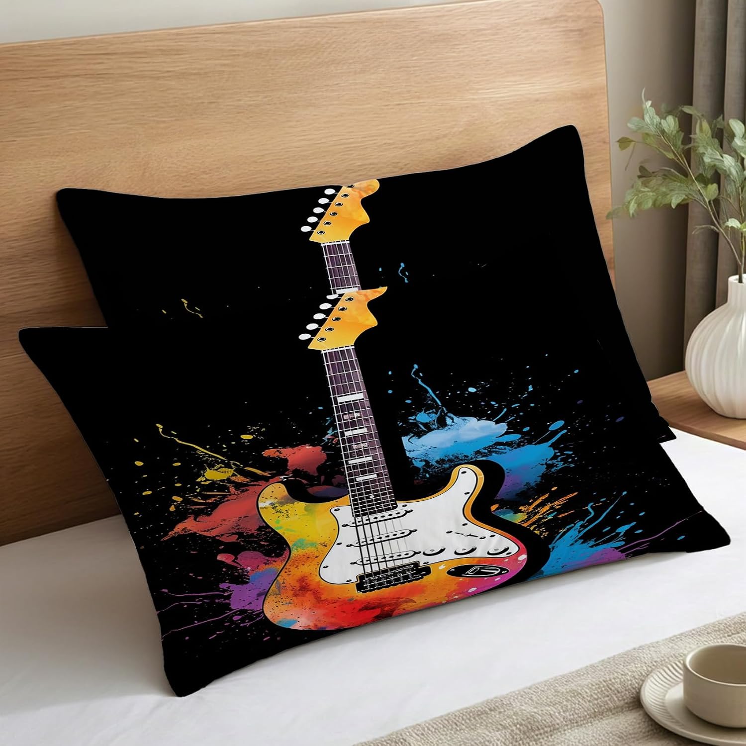 Guitar Pillow Cases Queen Size Set of 2 - Soft Breathable Microfiber Pillowcases with Envelope Closure, Boys Music Colorful Graffiti Patterned Pillow Covers, Guitar Gifts image 2