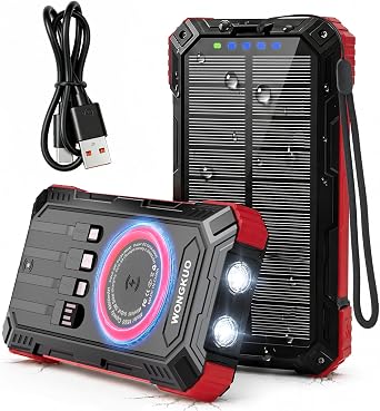 Solar Charger Power Bank - 49800mAh Solar Phone Charger with USB-C in/Output, QC 3.0 Fast Charging with LED Flashlight, Built-in 4 Cables, IP65 Waterproof Fits for Outdoor Flash Red