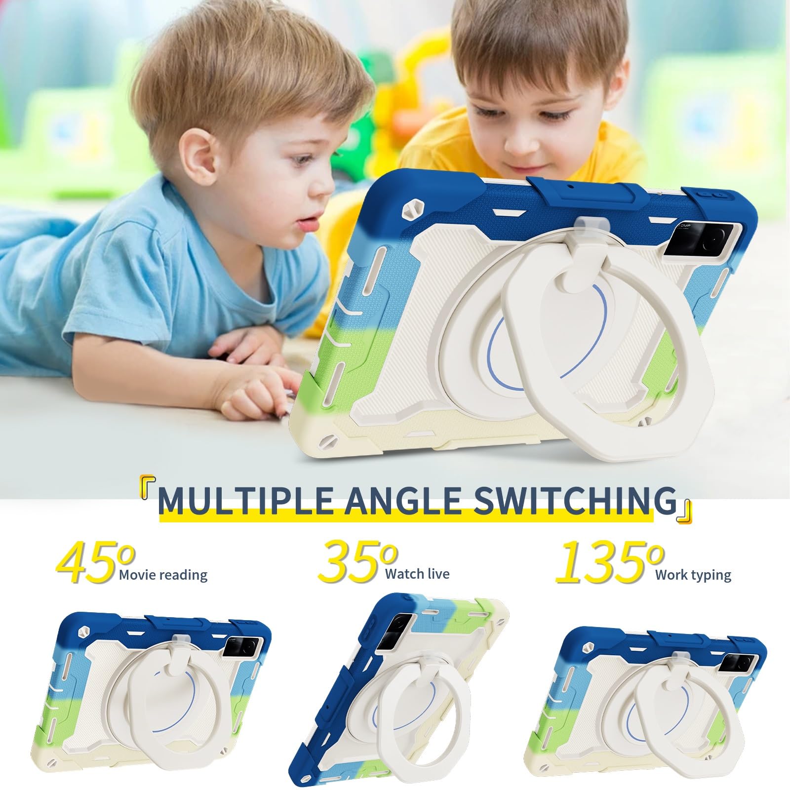 Custodia protettiva resistente per Xiaomi Redmi Pad da 10,6 pollici, supporto girevole a 360°, tracolla, portapenne e anello per impugnatura, copertura antiurto, per bambini e adulti (blu