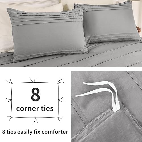 Miniatura 5 de NEXHOME PRO Juego de funda de edredón 100% algodón orgánico, tamaño Queen, juego de funda de edredón plisada con textura de lino, color gris claro,