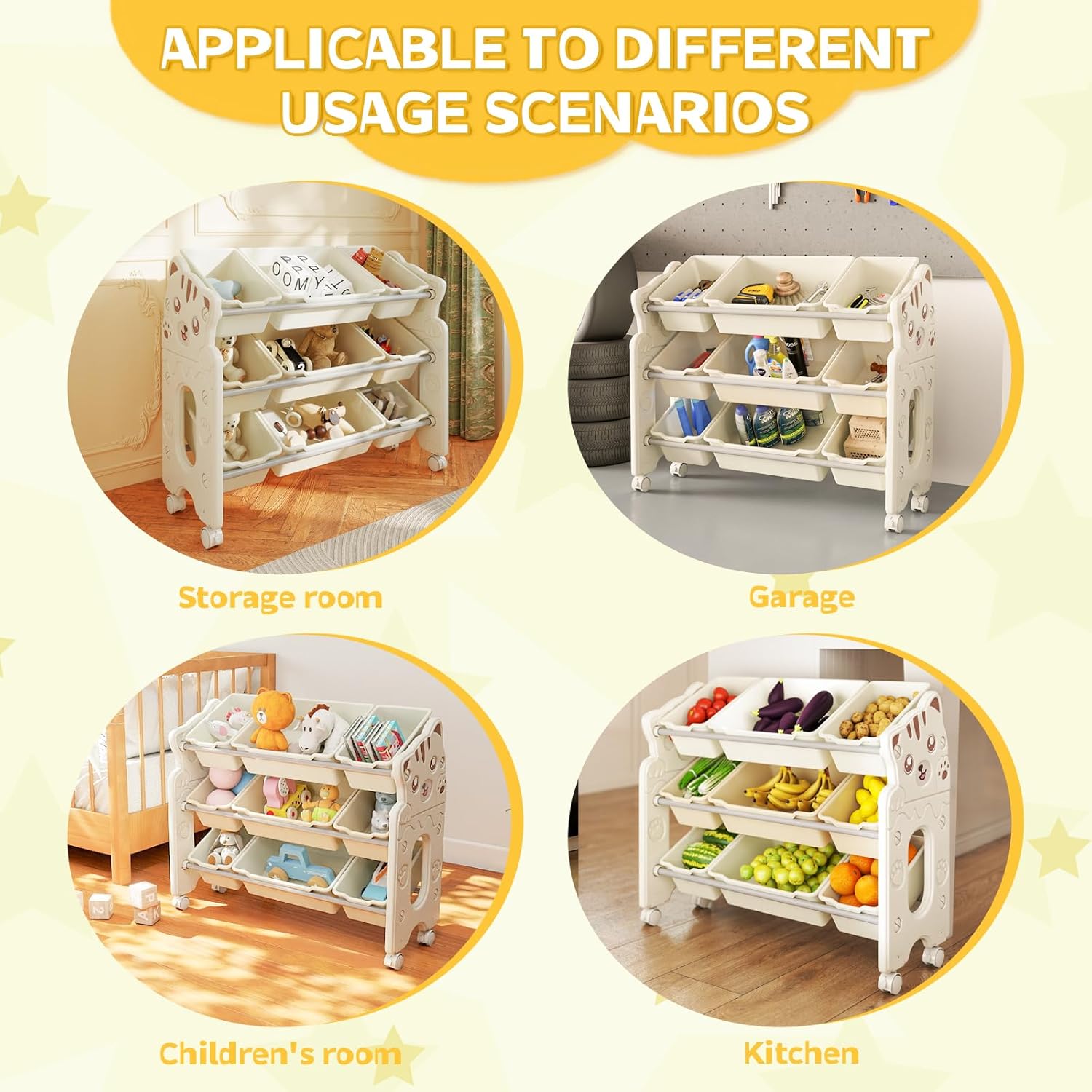 Cat Pattern Toy Storage Organizer with 9 Toy Bins for Kids Organizer, Rolling Kids Organization and Storage, Toddler Toy Storage Shelf for Playroom, Bedroom, Livingroom