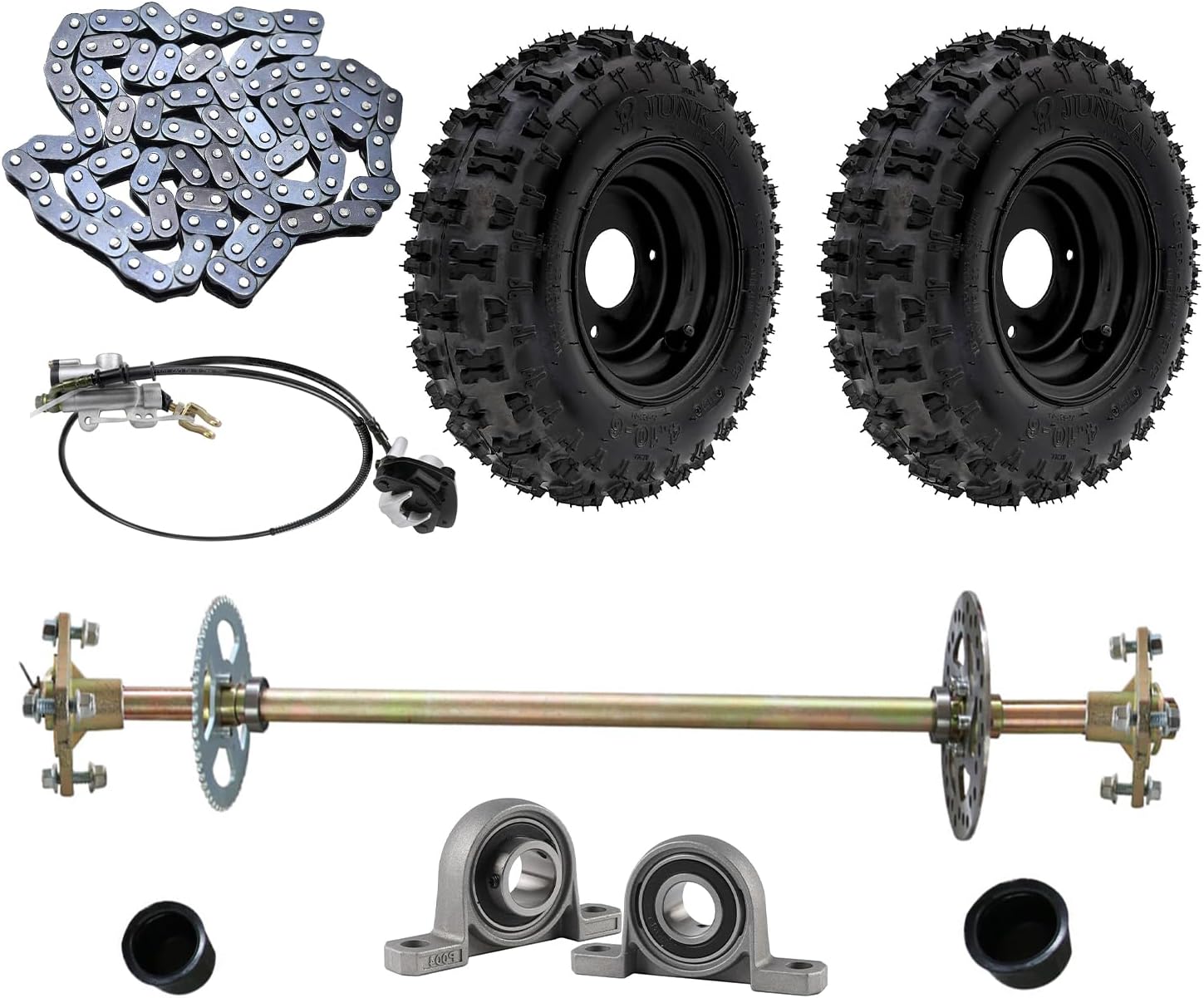 Go Kart Rear Wheel Tire 4.10-6, 4.10x6 Tubeless Tire Rim 3 Holes for ATV Scooter Quad Bikes 4 Wheelers Lawn Mower Dirt Pit Bike, Include 740mm 29 inch Rear Axle Complete Wheel Hub Kit