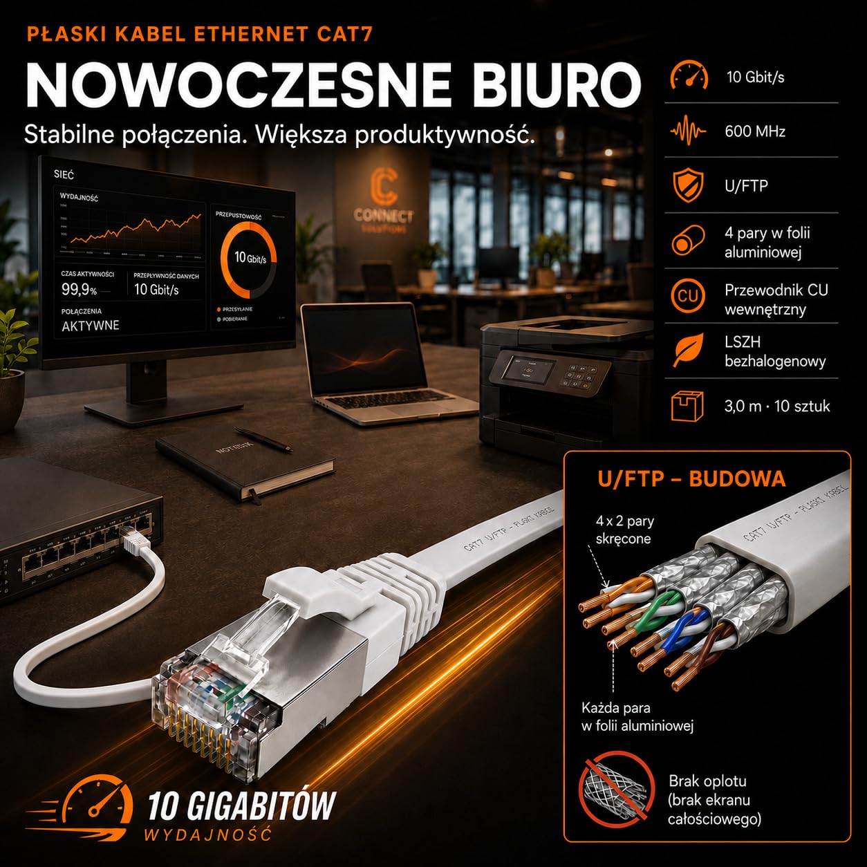 1aTTack.de 10m - szary - 10 sztuk Płaski kabel CAT.7 Gigabit Ethernet LAN (RJ45) surowy kabel sieciowy (10 Gbit/s) cienki płaski kabel instalacyjny kompatybilny z Cat.5 - Cat.5e - Cat.6