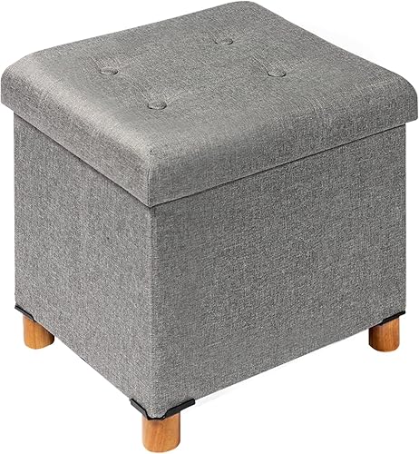Miniatura 11 de PINPLUS Cubo otomano de almacenamiento, reposapiés de lino blanco con patas de madera, reposapiés de tela plegable, asiento cómodo con tapa, otomana