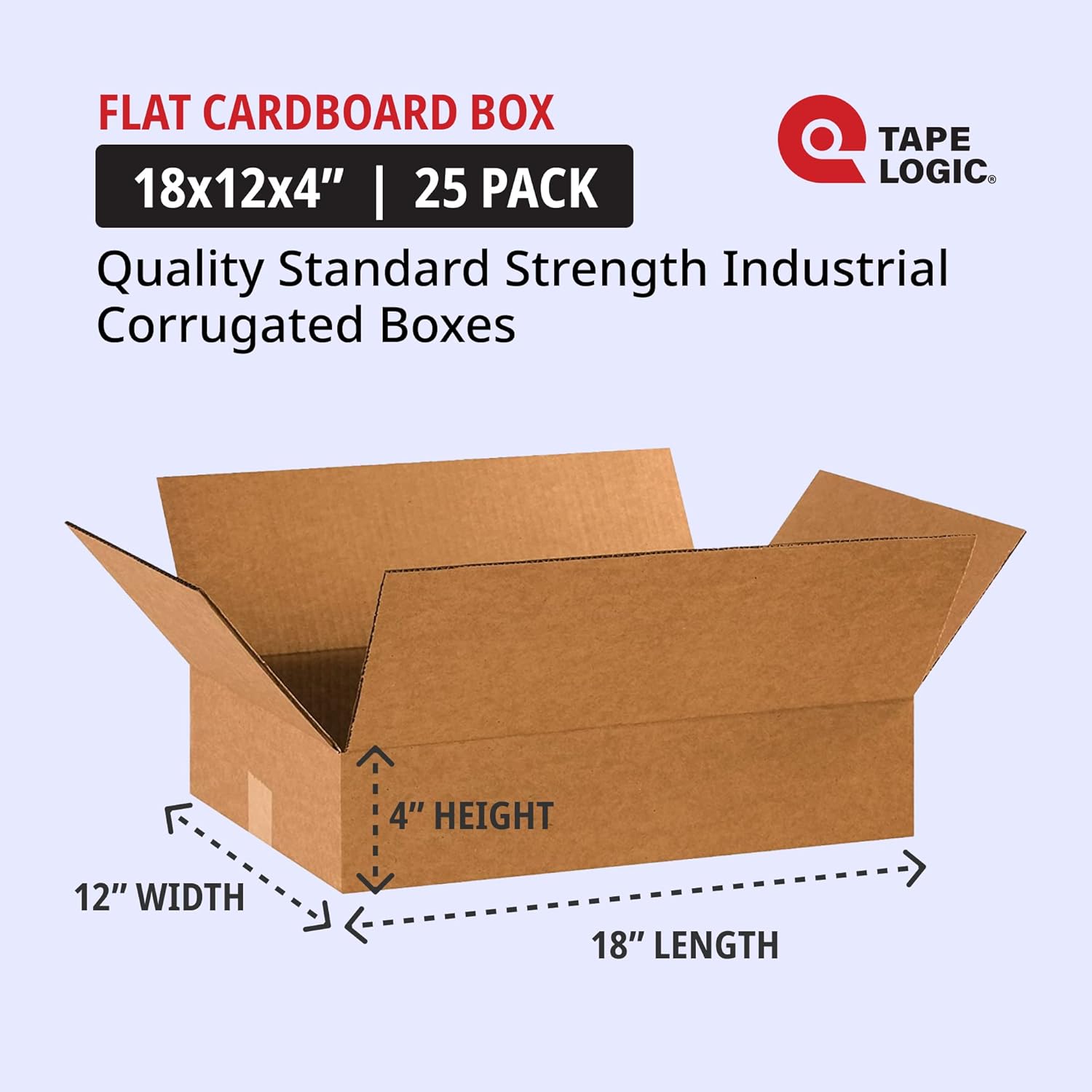 tape logic 18 x 12 x 4 corrugated cardboard boxes, flat 18"l x 12"w x 4"h, pack of 25 | shipping, packaging, moving, storage box for home or business, strong wholesale bulk boxes 18" x 12" x 4"