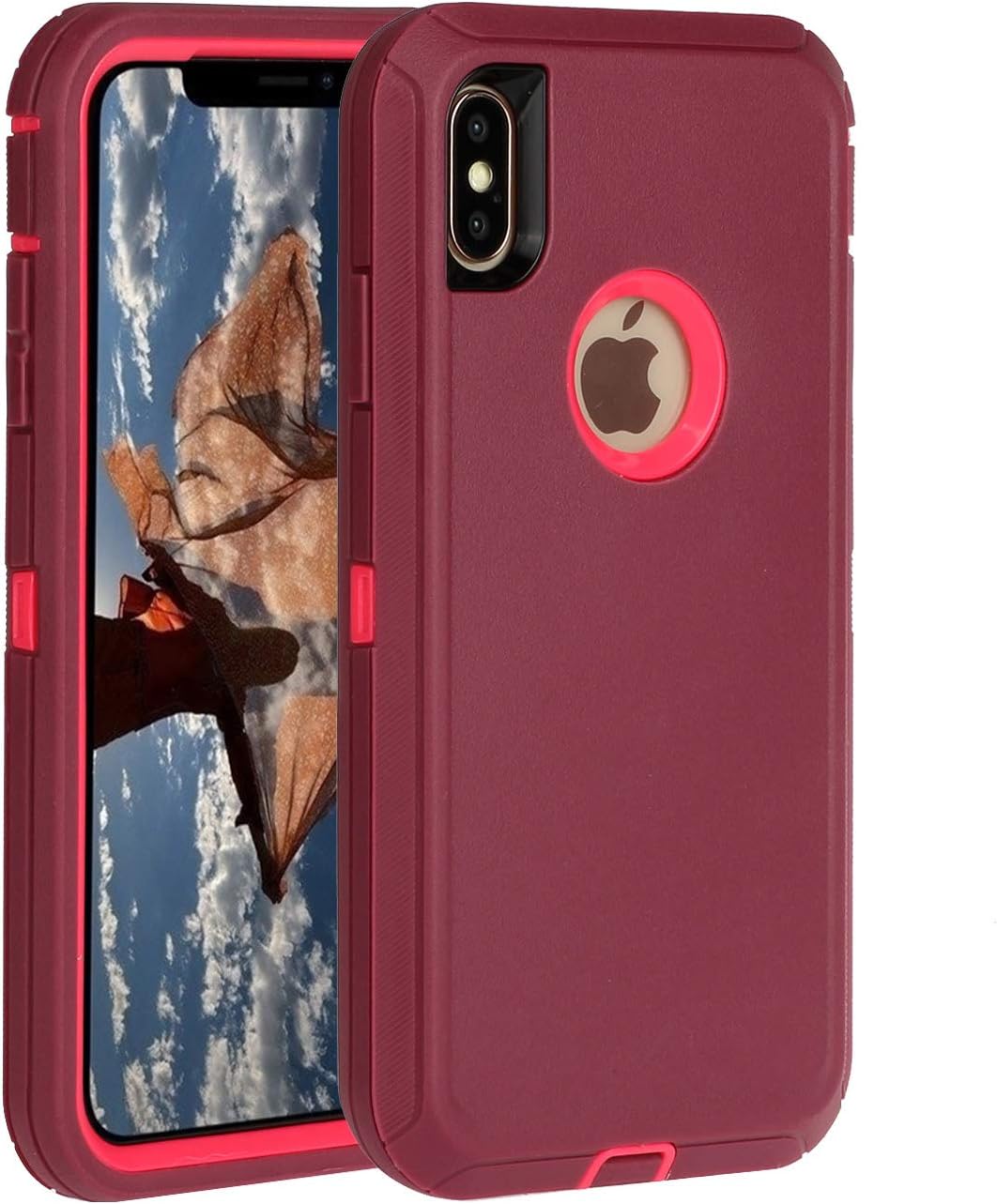 Casa iPhone Xr 6.1'' Shockproof Case, Touch 3 in 1 Heavy Duty Holster Case Belt Clip + Armor Protective Kickstand Cover for Apple iPhone Xr 6.1'' 2018 (Dark Red+Pink)