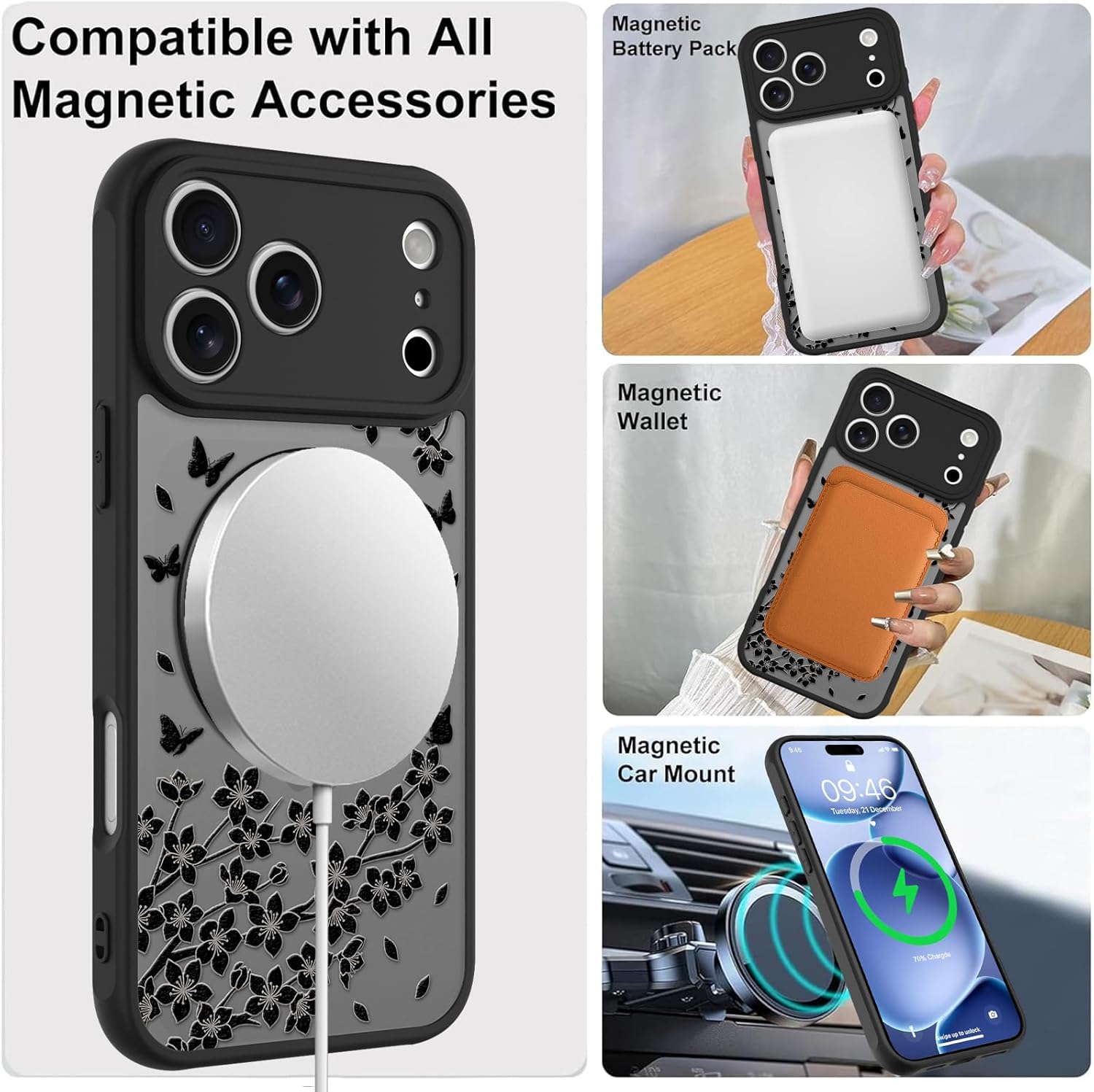 Cute Case for iPhone 17 Pro Max Case with Stand [ Compatible with MagSafe ] Kawaii Black Cat & Floral & Butterflies Pattern Design 360 Magnetic Ring Kickstand Phone Cover for Women Girls Boys - Image 3