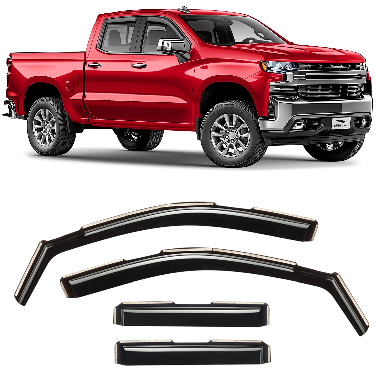 Voron Glass in-Channel Extra Durable Rain Guards for Trucks Chevrolet (Chevy) Silverado/GMC Sierra 1500 2019-2025 Double Cab, Window Deflectors, Vent Window Visors, 4 Pieces - 230091