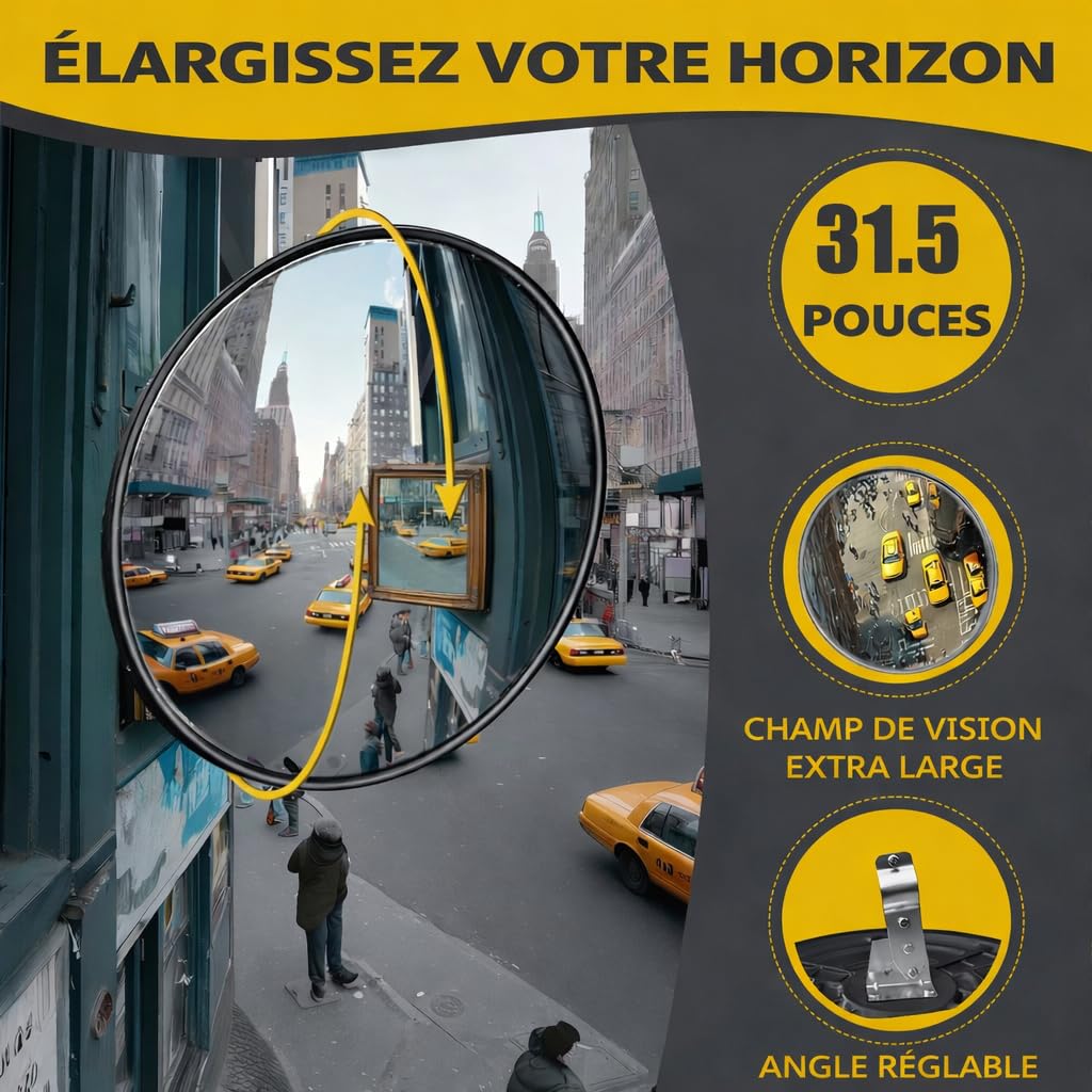 Miroir Convexe 80cm ZincOrange – Miroir de Sécurité pour Angle Mort, Parking, Garage et Entrepôt – Utilisation Intérieure & Extérieure (noir, 80cm)