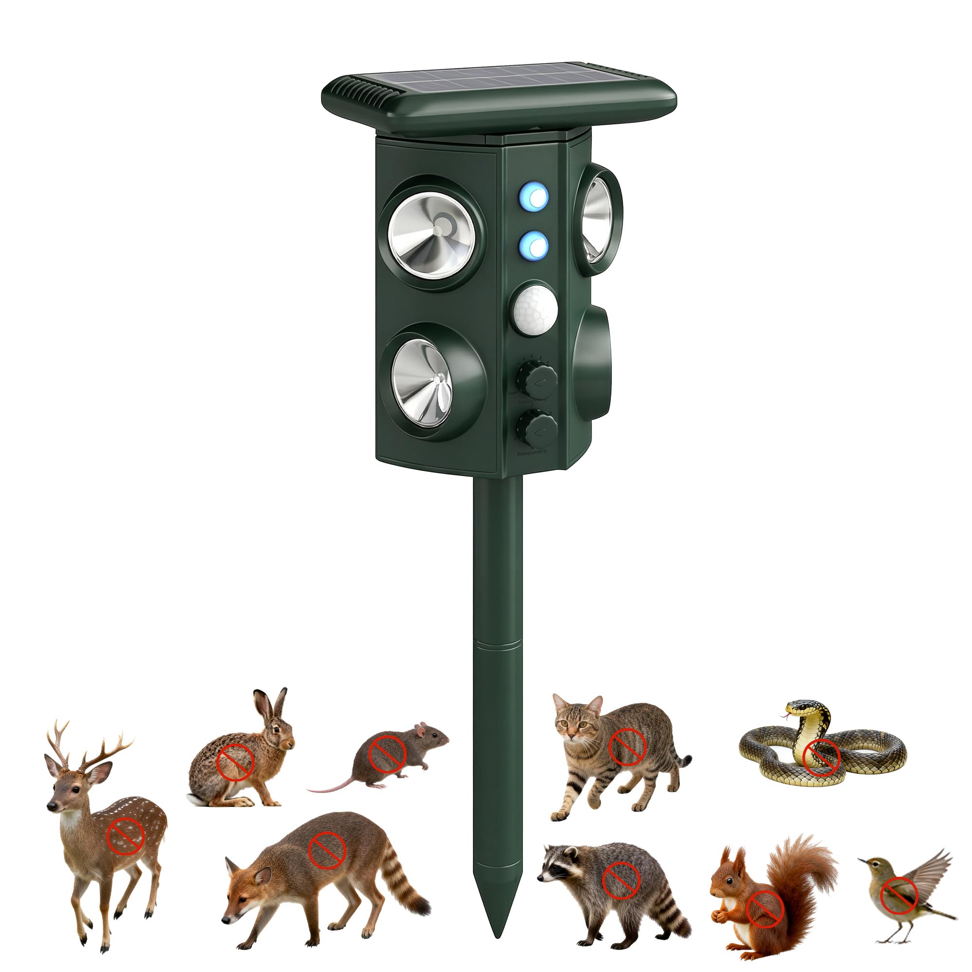 Outsunny Repellente Gatti Ultrasonico Solare Dissuasore per Gatti | 5 Modalità PIR, Flash LED, 110°, IPX4 Impermeabile, 4 Altoparlanti per Animali