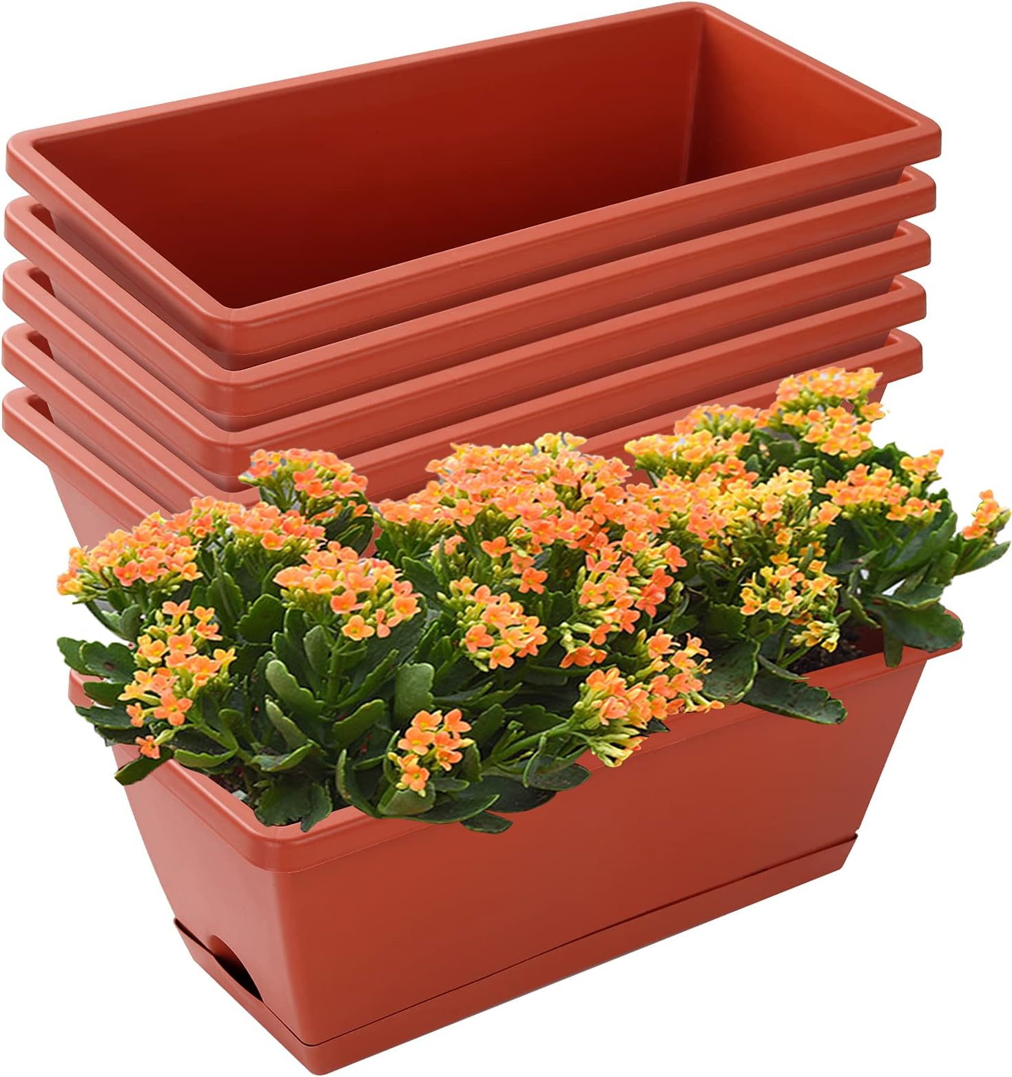 Window Box Planter, 7 Pack Plastic Vegetable Flower Planters Boxes 17 Inches Rectangular Flower Pots with Saucers for Indoor Outdoor Garden, Patio, Home Decor