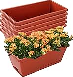 Window Box Planter, 7 Pack Plastic Vegetable Flower Planters Boxes 17 Inches Rectangular Flower Pots with Saucers for Indoor Outdoor Garden, Patio, Home Decor (Red)