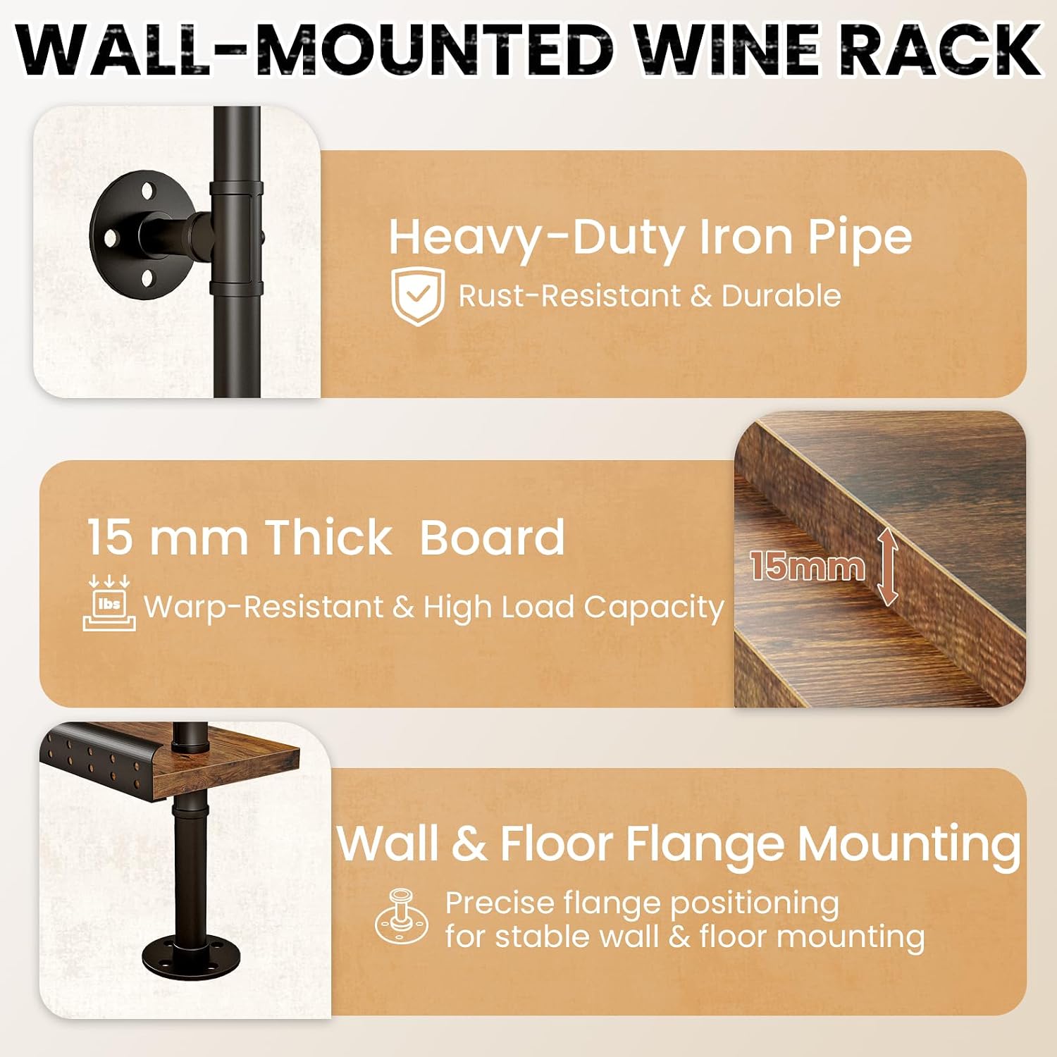 METYERRY 5-Tier Industrial Bar Shelves Wall Mounted, 78" Tall Pipe Wine Rack with Anti-Fall Guards, Wall Mounted Bar Shelves for Home Bar, Bourbon, Whiskey, Kitchen & Dining Room, Rustic Brown