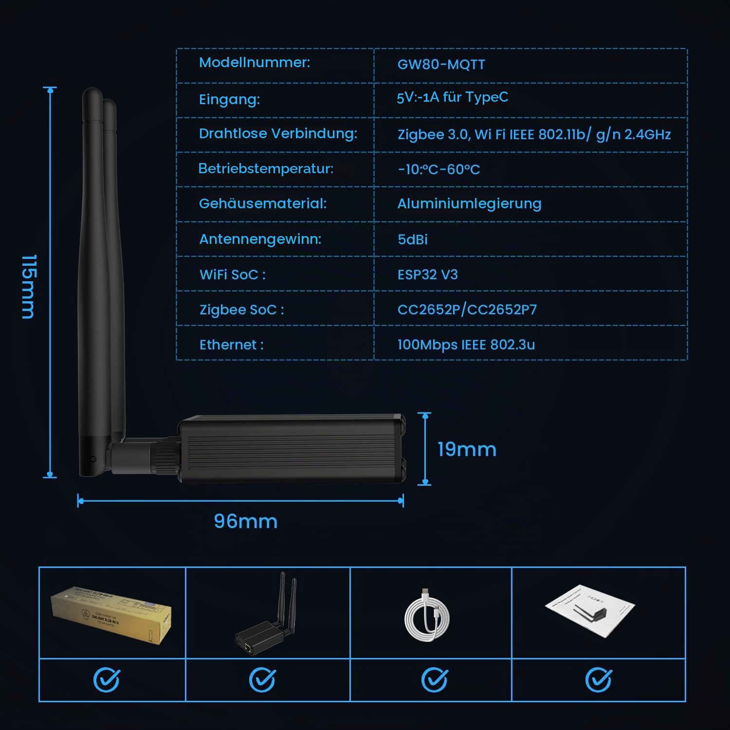 MIUCDA Zigbee3.0 Dongle, unterstützt Ethernet, Wi-Fi und USB Verbinden Home Assistant, Zigbee Gateway-Koordinator mit ESP32 + CC2652P, Zigbee-Stick für Zigbee2MQTT / ZHA