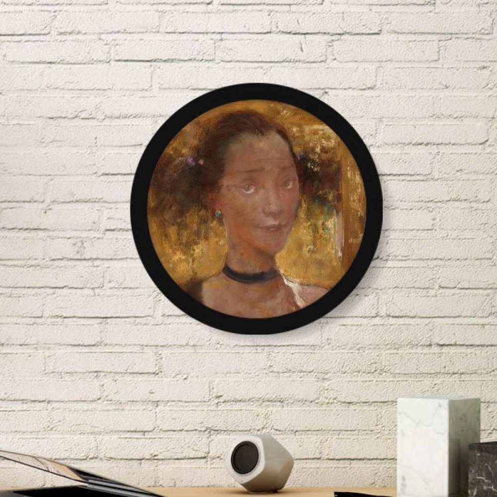 Peinture à l'huile d'art Fille Portraits avec cadre photo rond en bois noir décor