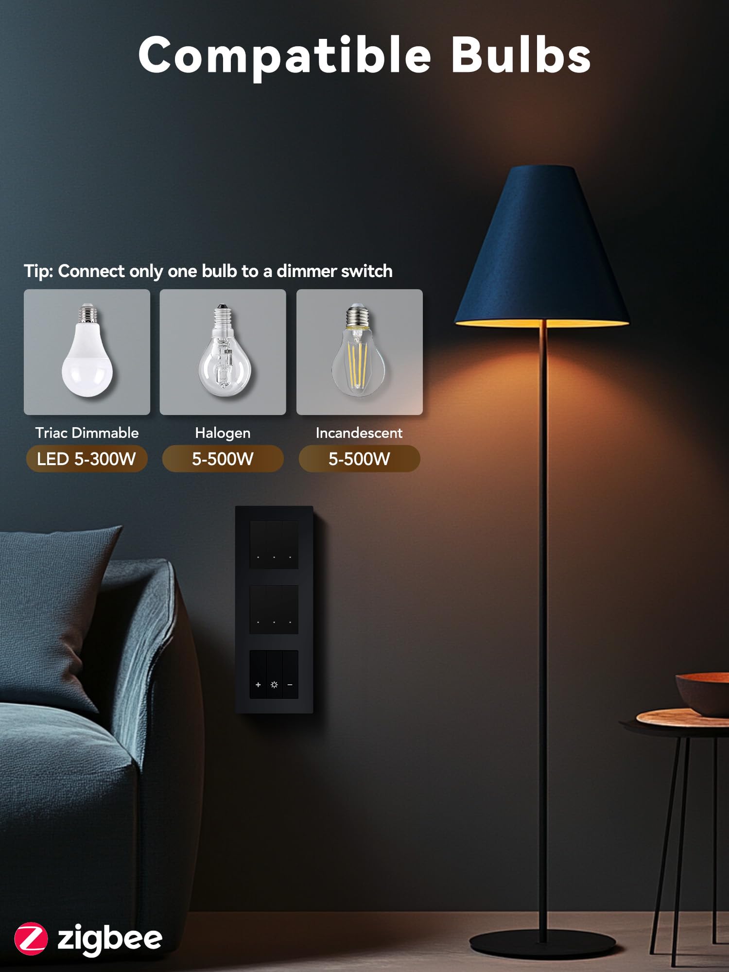 BSEED Zigbee ściemniacz i Zigbee 3-Gang 1-biegunowy podwójny przełącznik, regulowany przełącznik ścienny kompatybilny z Amazon Alexa i Google Home, materiał PC, 240 V, czarny