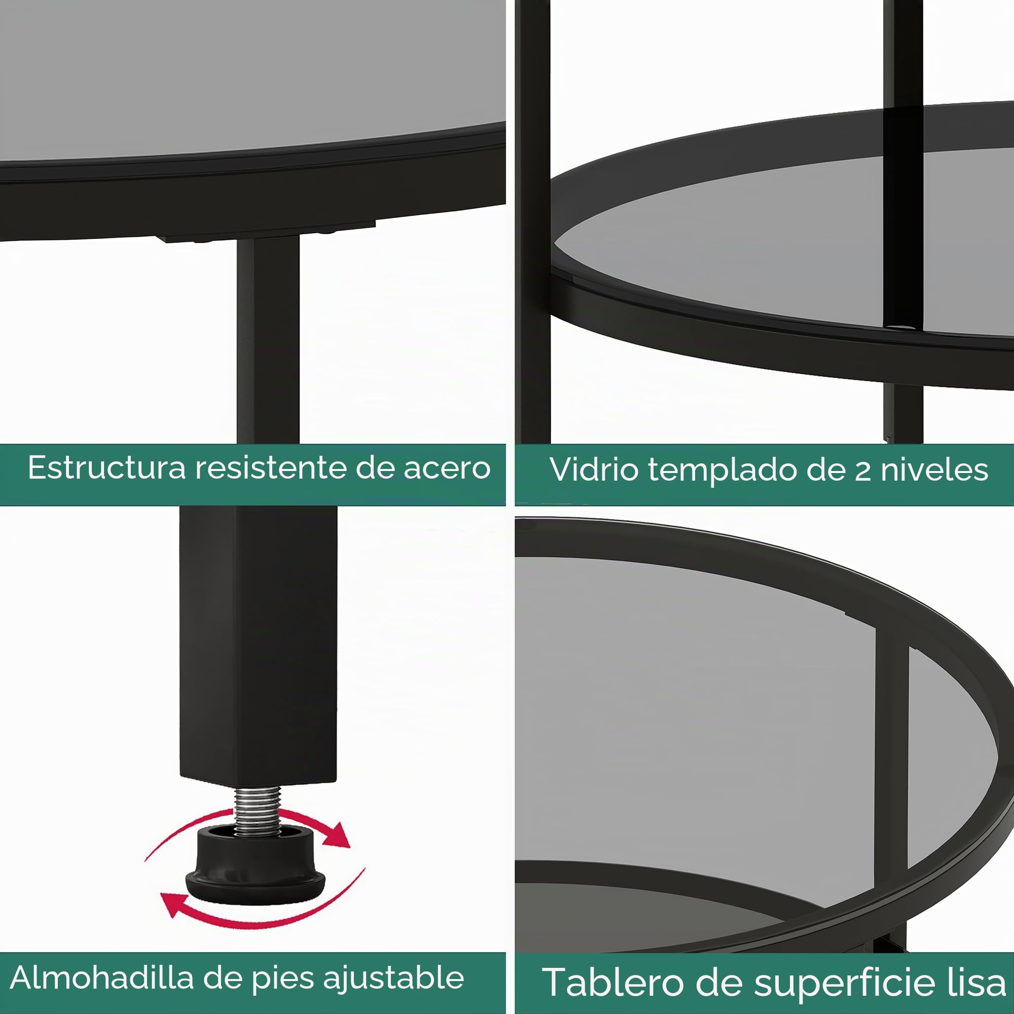 Yusong Mesa de centro redonda de cristal para sala de estar (negro, 2 niveles)