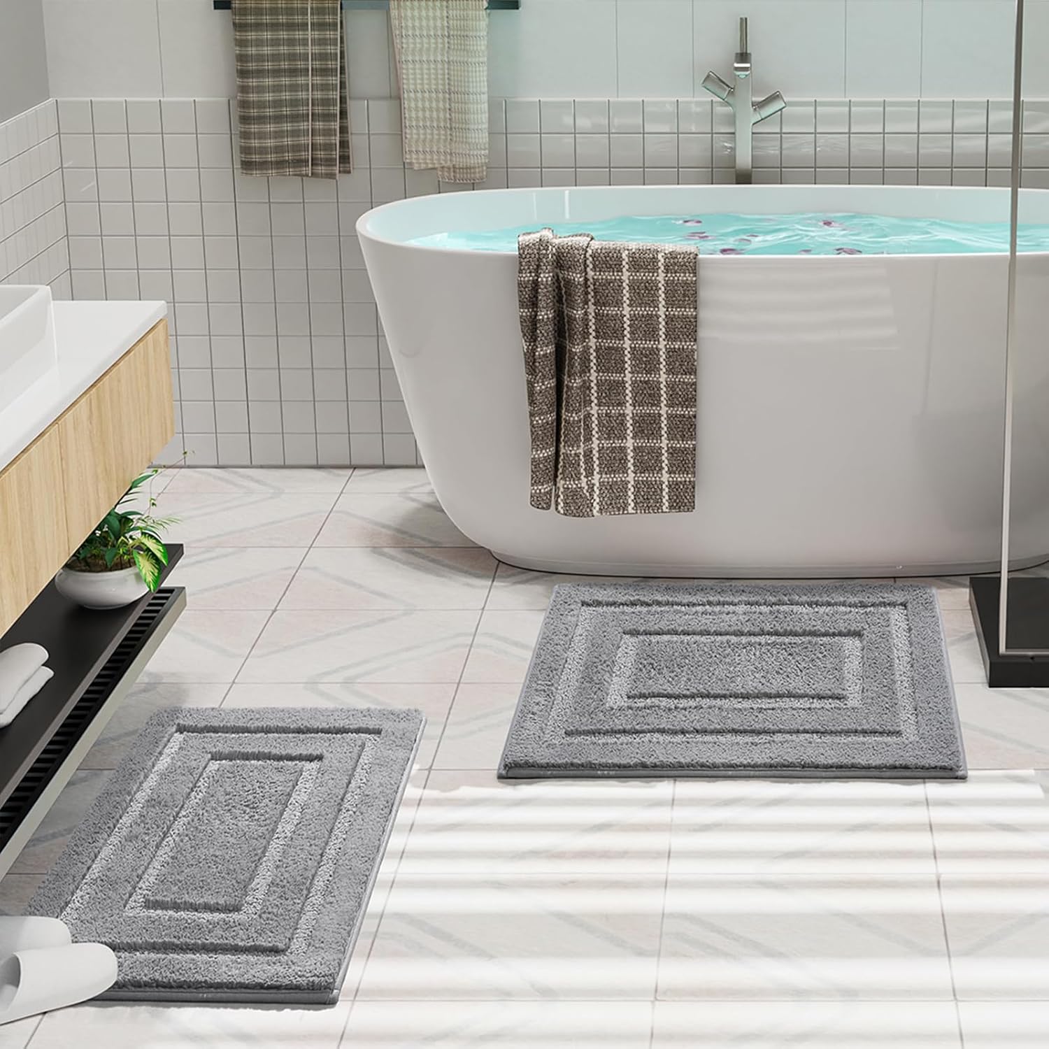 HOMORE Small Bathroom Rug 24x17 & 24x36 Inch Microfiber Bathroom Rug 2 Bundle, Grey
