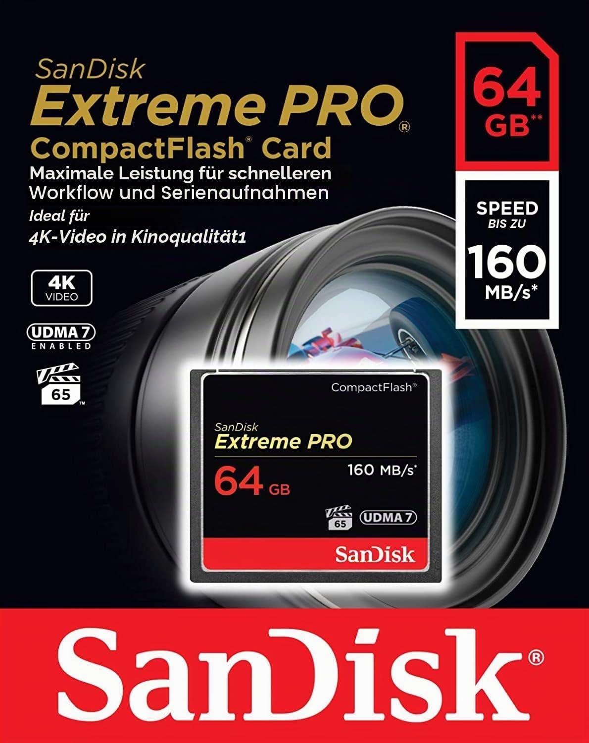 SANDISK Extreme Pro CompactFlash Speicherkarte 64GB (UDMA7, 4K-UHD- und Full-HD-Videos, VPG 65, temperaturbeständig, 160 MB/s Übertragung)