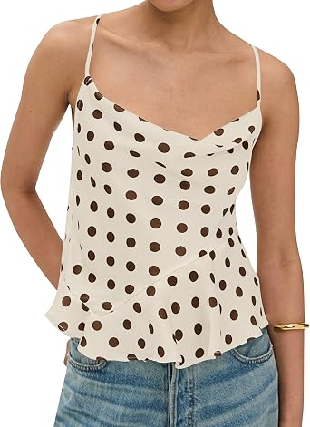 TERIVEEK Womens Polka Dot Tank Tops Cowl Neck Ruffle Blouse Tie Back Sleeveless Asymmetrical Hem Shirt Going Out Tops