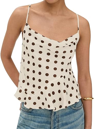 TERIVEEK Womens Polka Dot Tank Tops Cowl Neck Ruffle Blouse Tie Back Sleeveless Asymmetrical Hem Shirt Going Out Tops Beige