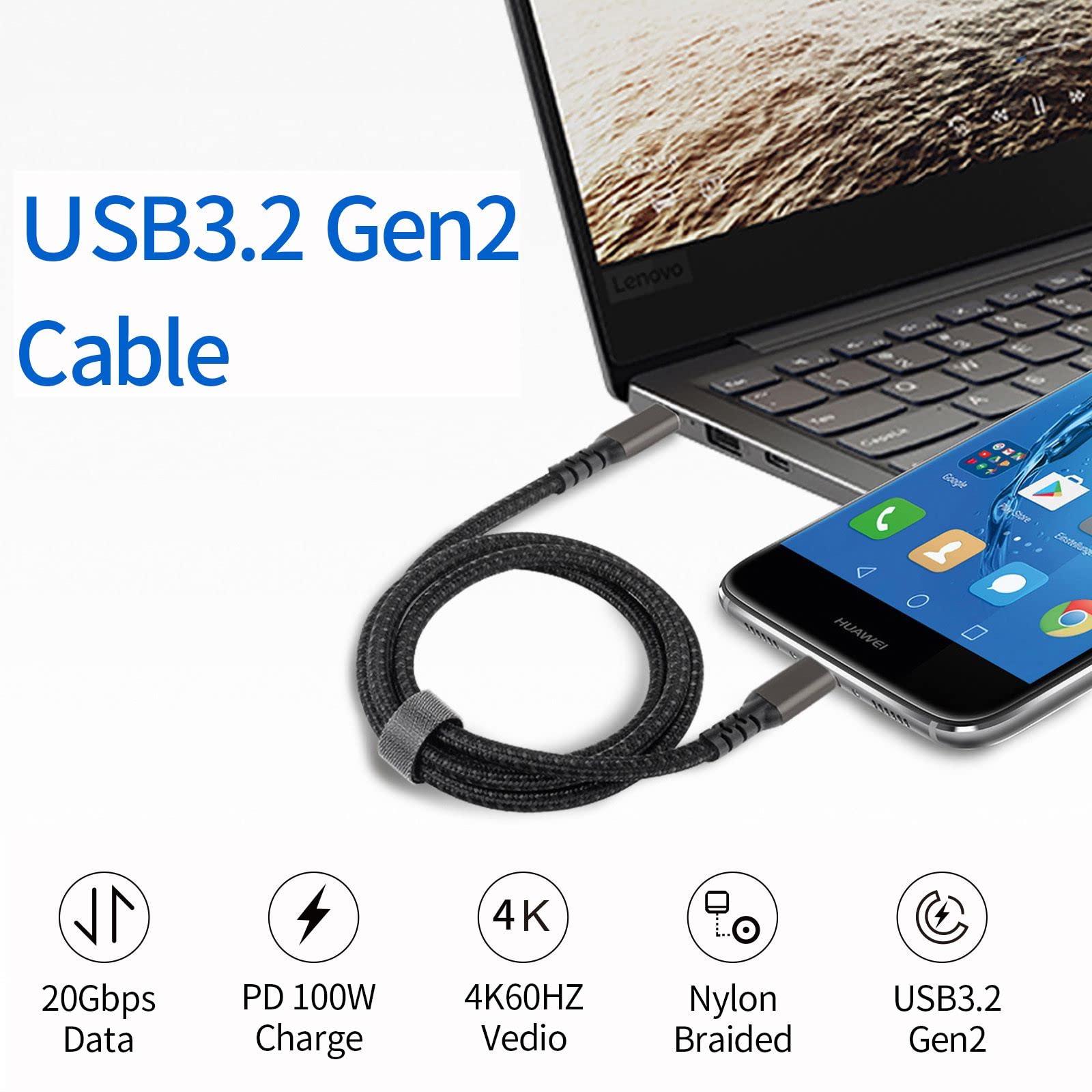 Cavo Sisyphy USB-C A USB-C 3.2 Gen2 20 Gbps – 1 Metro, A L, Intrecciato, PD 100W E Video 4K
