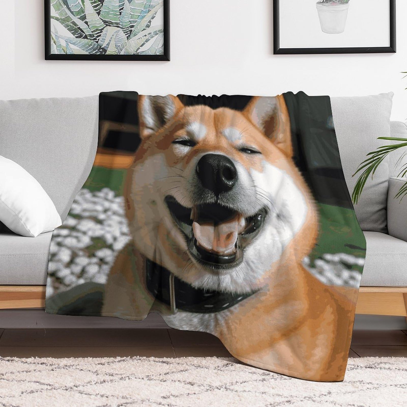 Custom Shiba Inu Smile Tongue Out Blanket Lightweight Flannel Fleece Throw for Couch Sofa Bed Luxury Soft Cozy Plush Lap Bedtime Blanket for All Seasons Bedroom Home Decor Gifts 50x60