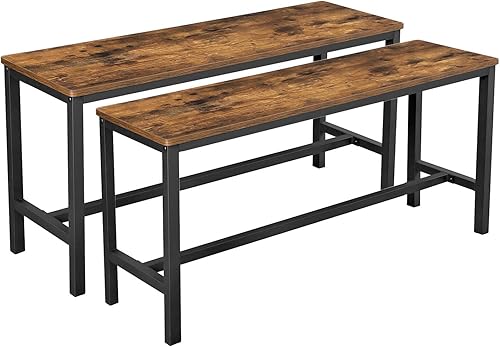 VASAGLE Banco de comedor, par de 2, estilo industrial, marco de acero, para cocina, sala de estar, 12.8 x 42.5 x 19.7 pulgadas, marrón rústico +