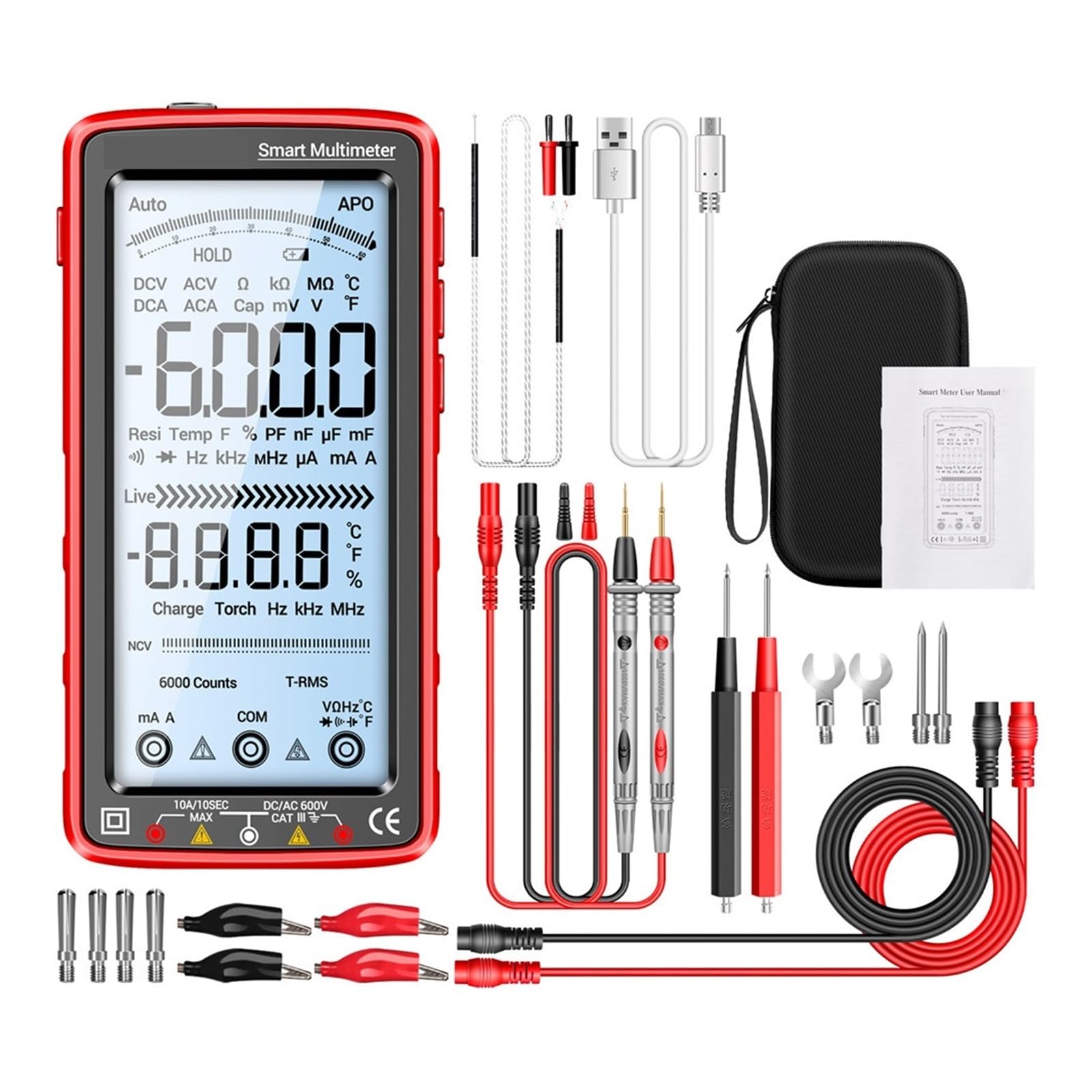 Multimetro Professionale Digitale Ricaricabile Tester Di Tensione Senza Contatto Misuratore AC/DC Corrente For Schermo LCD Lettura Rapida Accurata Facile(681 red pro)