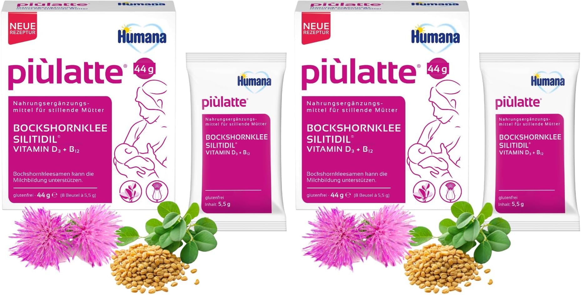Humana piulatte® – Trinkpulver mit Bockshornkleesamen zur Unterstützung der natürlichen Milchbildung | Unterstützung in der Stillzeit (Packung mit 2)