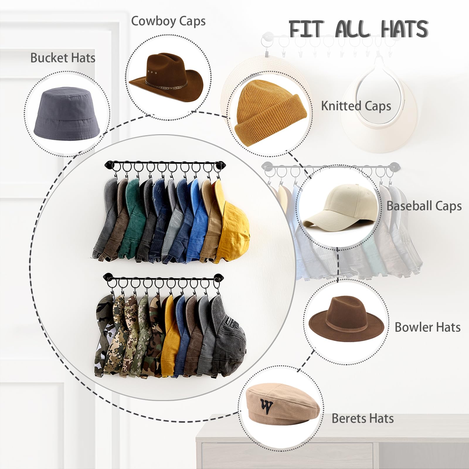 Appendiabiti per cappelli da baseball da parete, 2 pezzi, moderno in legno di bambù, da parete, organizer per cappelli da baseball, per porta dell' armadio, camera da letto, ingresso e lavanderia